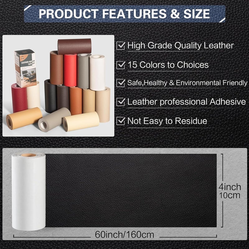 AZ Leather Repair Kit for Furniture 4"x 63" Leather Tape Repair Patch Self Adhesive Sofa Vinyl Repair Patch Kit for Car Seat,Couch,Boat Seat,Chair - Black - Image 3